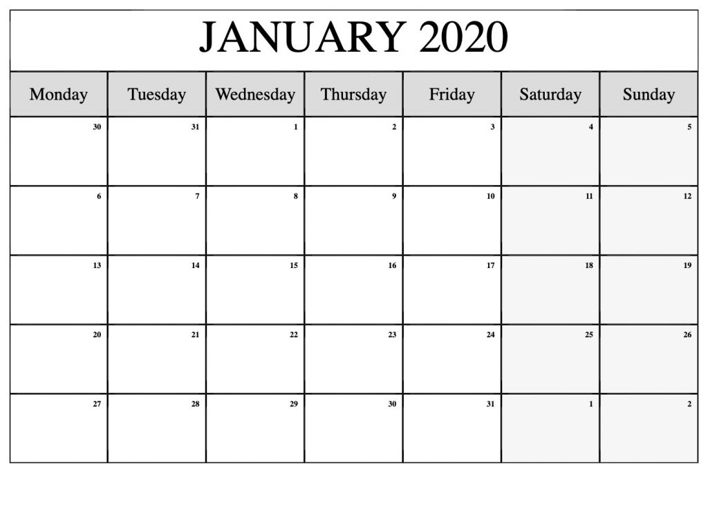 Top Blank January 2020 Holiday Print Free Calendar - Calendar School