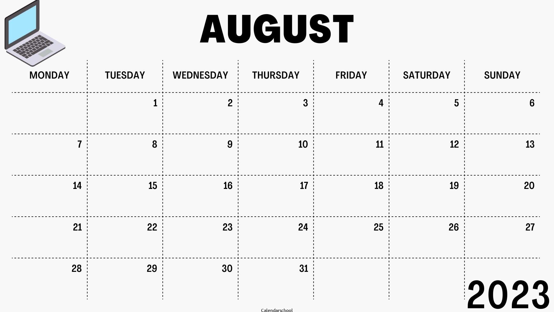 August 2023 Blank Weekly Calendar