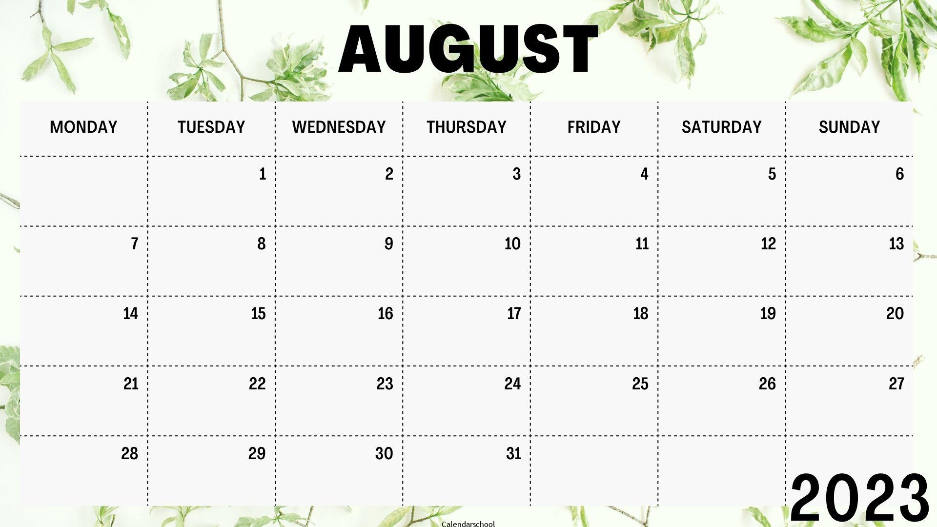 August 2023 Monthly Blank Calendar