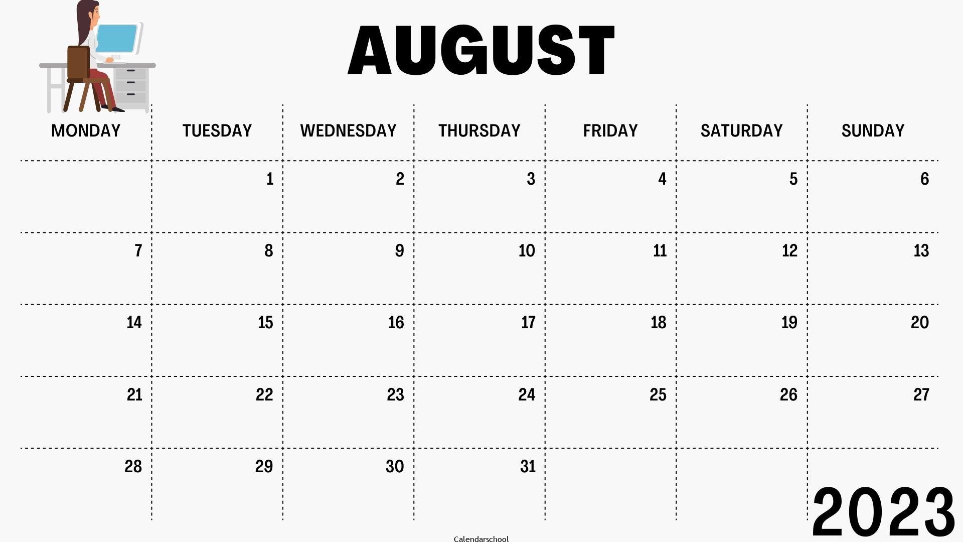 August 2023 Weekly Blank Calendar