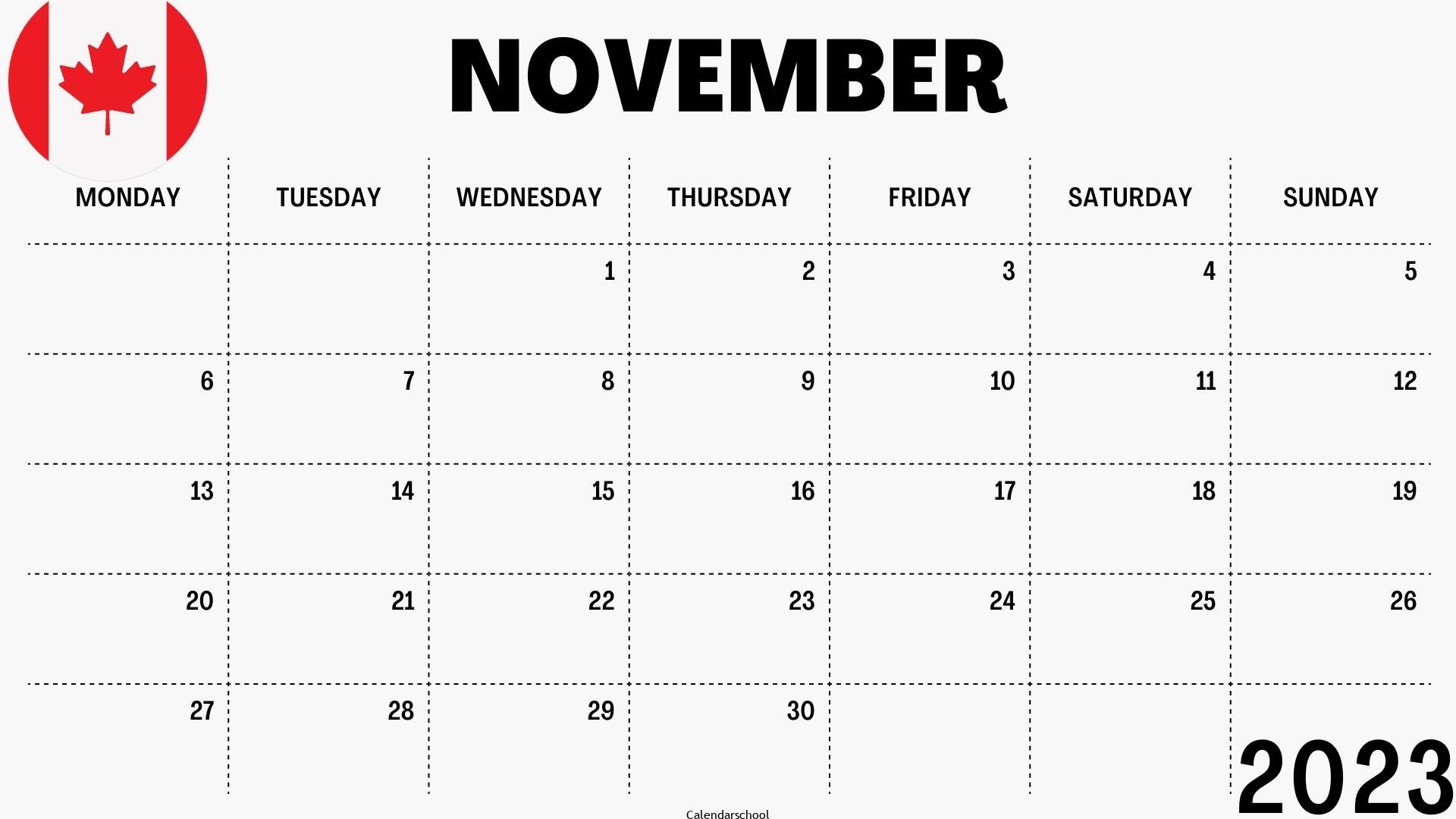 November 2023 Calendar with Holidays Canada