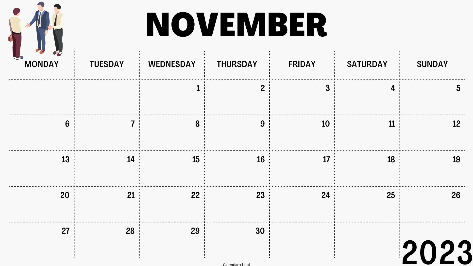 November 2023 Calendar with Holidays Printable