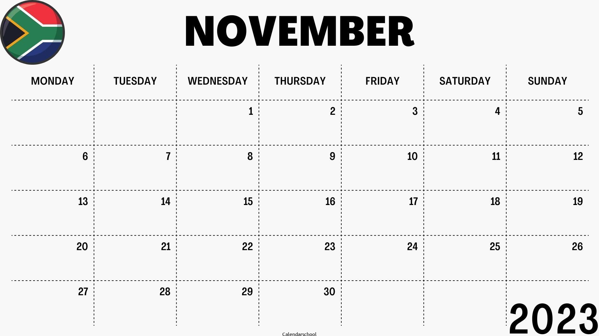 November 2023 Calendar with Holidays South Africa