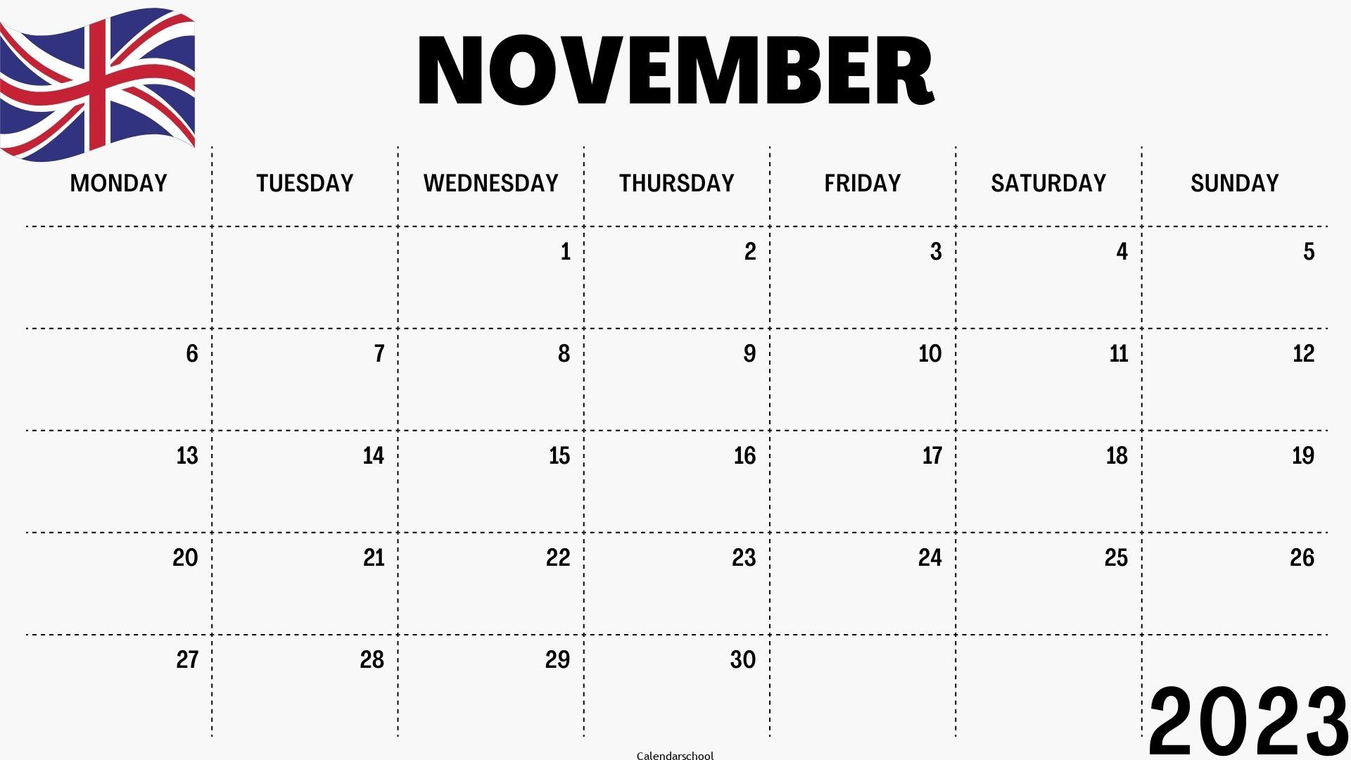 November 2023 Calendar with Holidays UK