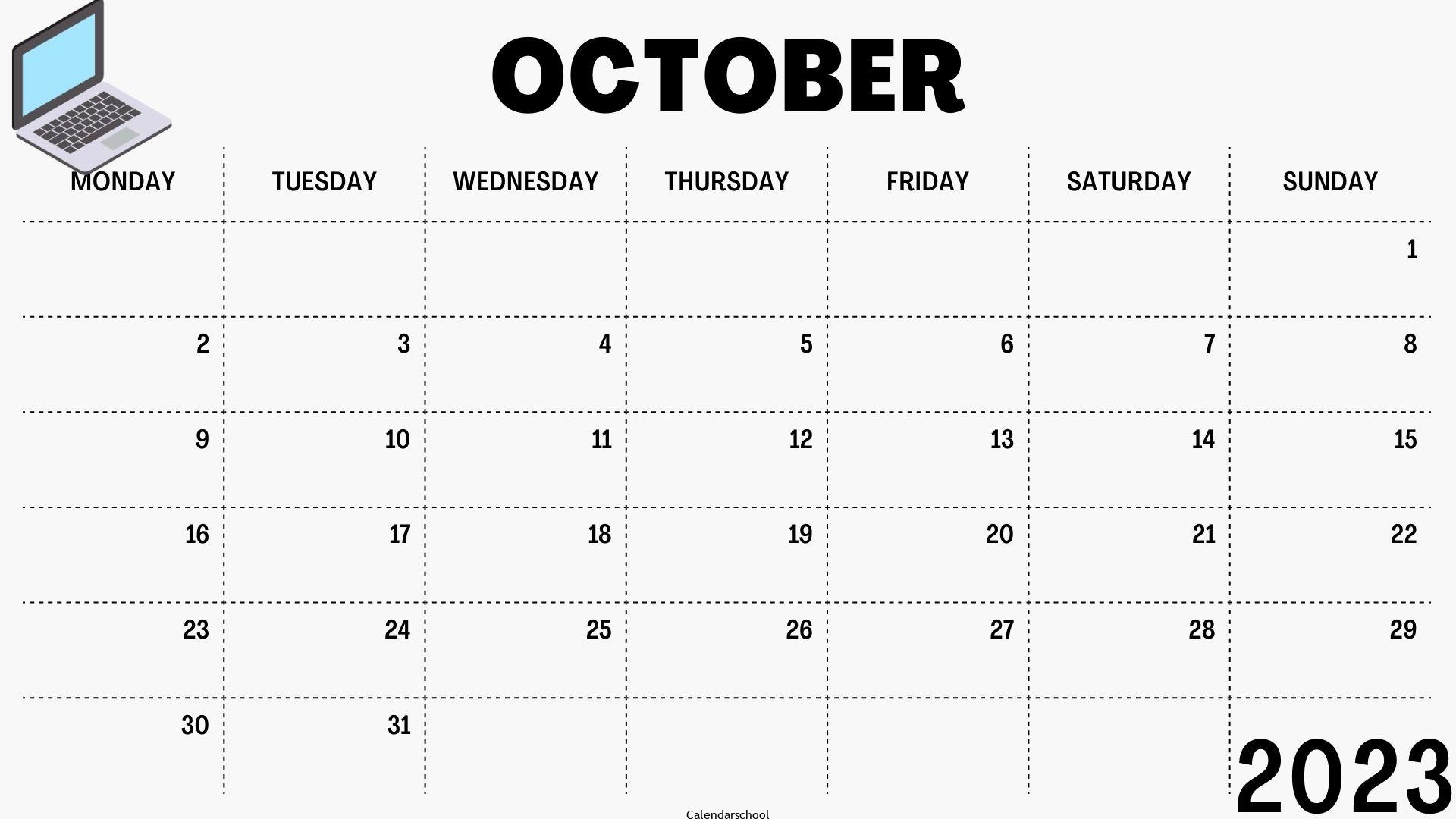 October Calendar 2023 For Kids