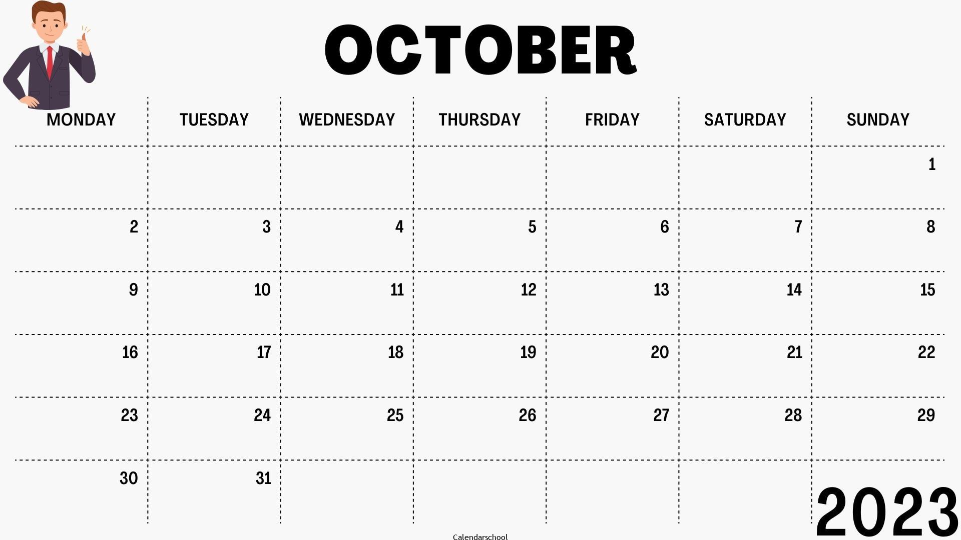 October Calendar 2023 With Holidays